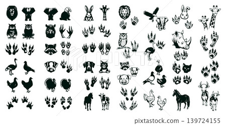 Diverse collection of animal silhouettes featuring various species, heads, bodies, and paw prints 139724155