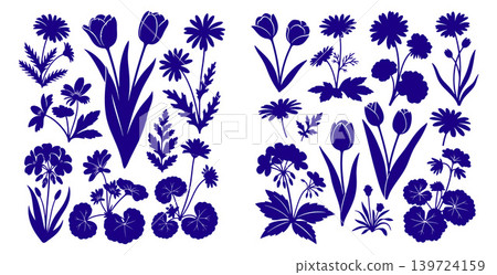Diverse floral silhouettes showcasing different plant forms, ideal for spring garden themes and nature themed projects Diverse floral silhouettes showcasing different plant forms, ideal for spring garden themes and nature themed projects 139724159