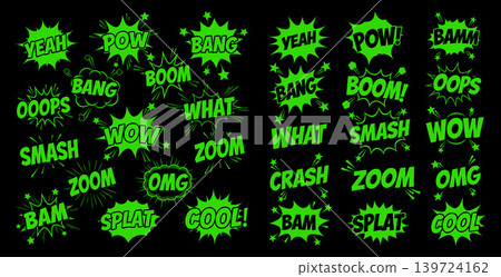 Dynamic collection of comic speech bubbles and sound effects with starburst shapes and radiating lines 139724162