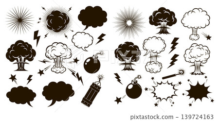 Dynamic comic book style explosion effects including mushroom clouds, starbursts, speech bubbles, and bombs 139724163