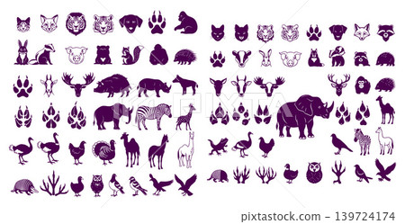 Extensive set of animal vector shapes showcasing distinct creature profiles and characteristic track patterns Extensive set of animal vector shapes showcasing distinct creature profiles and characteristic track patterns 139724174