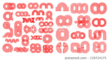 Extensive set of red striped line art elements featuring various infinity loops and curved geometric shapes for design projects Extensive set of red striped line art elements featuring various infinity loops and curved geometric shapes for design projects 139724175