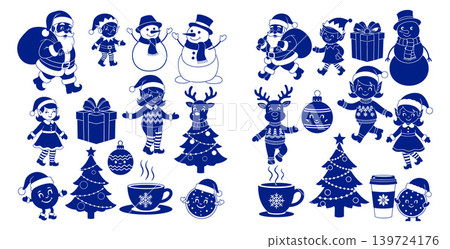 Festive blue filled Christmas characters including Santa, elves, snowman, and holiday decorations in comic style 139724176