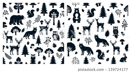 Forest wildlife and tree silhouettes creating a seamless pattern, ideal for outdoor themed textiles and ecological packaging Forest wildlife and tree silhouettes creating a seamless pattern, ideal for outdoor themed textiles and ecological packaging 139724177