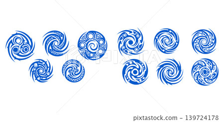 Group of dynamic circular tribal vector designs showcasing spiral patterns and intricate rotational motifs Group of dynamic circular tribal vector designs showcasing spiral patterns and intricate rotational motifs 139724178