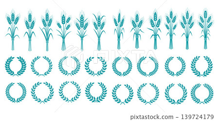 Group of stylized wheat sheaves and laurel wreaths presented as celebratory emblems and natural symbols Group of stylized wheat sheaves and laurel wreaths presented as celebratory emblems and natural symbols 139724179
