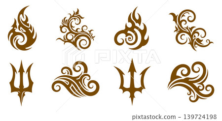 Powerful flame swirl vector elements and mythological trident symbols for energetic branding Powerful flame swirl vector elements and mythological trident symbols for energetic branding 139724198