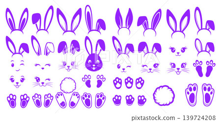 Set of cute purple bunny ear headbands, expressive faces, fluffy tails, and footprints, ideal for springtime designs Set of cute purple bunny ear headbands, expressive faces, fluffy tails, and footprints, ideal for springtime designs 139724208