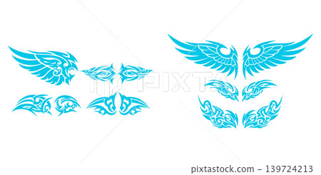 Set of stylized vector wing designs and tribal swirl patterns for decorative graphic projects 139724213