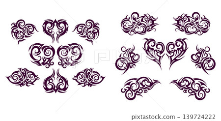 Variety of intricate tribal heart and swirl shapes for decorative design elements Variety of intricate tribal heart and swirl shapes for decorative design elements 139724222