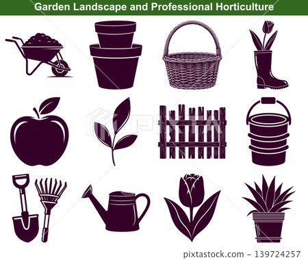 A collection of essential gardening tools and potted plants for landscape design and horticulture projects A collection of essential gardening tools and potted plants for landscape design and horticulture projects 139724257