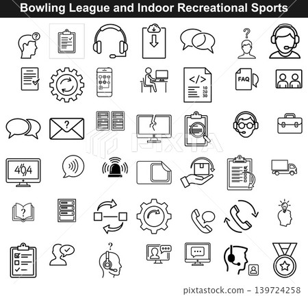 A comprehensive collection of line icons representing customer support services, IT assistance, and digital communication tools A comprehensive collection of line icons representing customer support services, IT assistance, and digital communication tools 139724258