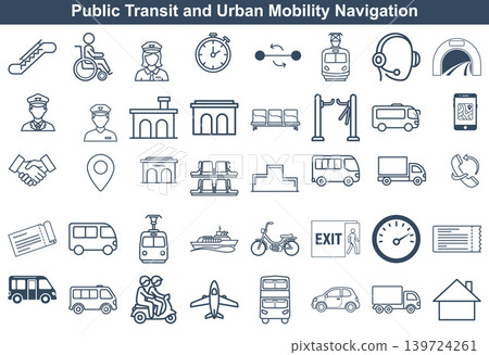 A comprehensive collection of outline icons representing public transit, urban mobility, and various transportation modes 139724261