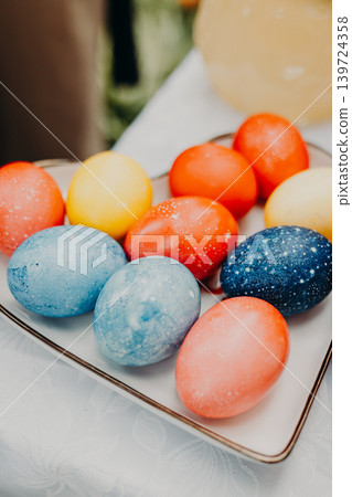 Traditional Easter eggs in blue, red and yellow colors . Close up. Traditional Easter eggs in blue, red and yellow colors . Close up. 139724358