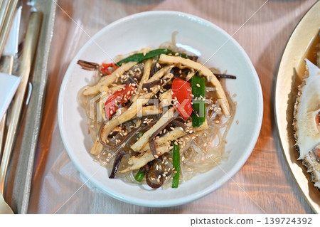 Traditional Korean Glass Noodle Stir Fry Japchae with Vegetables Traditional Korean Glass Noodle Stir Fry Japchae with Vegetables 139724392