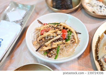 Traditional Korean Glass Noodle Stir Fry Japchae with Vegetables 139724396