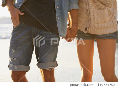 Beach, romance and couple holding hands on relax walk, nature journey or travel vacation in Peru. Love, relationship and closeup of marriage partner, soulmate or people bonding together in nature 139724708