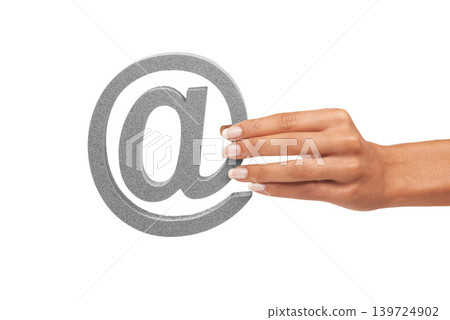 Hands, @ font and letter on a white background in studio isolated on mockup or copy space. Fingers, palm and at symbol, sign and closeup of character icon for address, communication and alphabet Hands, @ font and letter on a white background in studio isolated on mockup or copy space. Fingers, palm and at symbol, sign and closeup of character icon for address, communication and alphabet 139724902