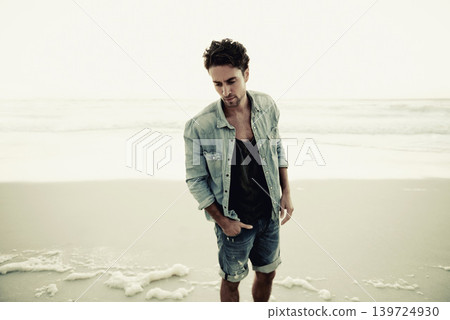 Man, beach and thinking at sunset on vacation in trendy clothes, edgy style and remember by waves. Person, ocean or sea with ideas, vision and memory on holiday, outdoor and tropical island in nature Man, beach and thinking at sunset on vacation in trendy clothes, edgy style and remember by waves. Person, ocean or sea with ideas, vision and memory on holiday, outdoor and tropical island in nature 139724930
