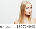 Portrait, model and confident or cosmetic in studio, skincare glow and cosmetology of facial treatment. Young woman, face and shine in self care or blonde hair and organic make up by white background 139724943