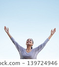 Woman, arms up and blue sky with freedom and happiness outdoor, health and wellness, stress relief and gratitude, Celebration, joy and smile on face in nature with mockup space, praise and thanks 139724946