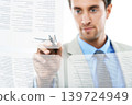 Businessman, contract and digital signature or documents for agreement on a white studio background. Man or employee and pen writing on overlay or hologram for reading, policy or futuristic interface 139724949