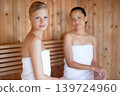 Skincare, portrait and friends relax in sauna at spa for healthy detox, sweat and wellness in beauty. Luxury, treatment and women sitting with steam for anti aging, skin care and benefits to body 139724960
