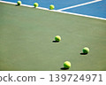Sport, fitness or tennis balls on court for training, exercise or competitive match to start in summer. Green, background or floor for health or hobby with equipment on the ground ready for a game 139724971