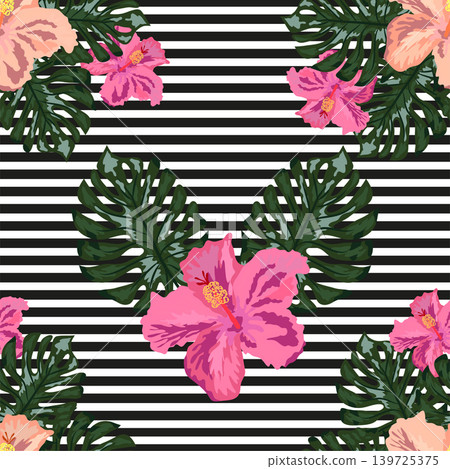 Seamless exotic pattern with tropical leaves and flowers on a white background. Hibiscus, palm Seamless exotic pattern with tropical leaves and flowers on a white background. Hibiscus, palm 139725375