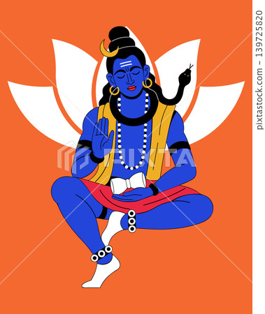 Hindu god Shiva. Lord Shiva meditates with an hourglass against a lotus background. Illustration. Hindu god Shiva. Lord Shiva meditates with an hourglass against a lotus background. Illustration. 139725820