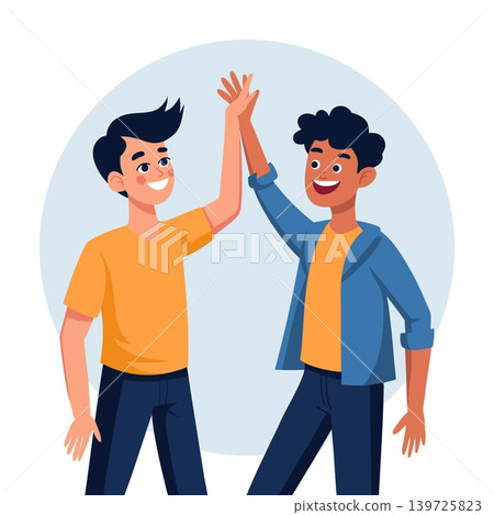 Two young men giving high five gesture. Teamwork, friendship concept illustration. Two young men giving high five gesture. Teamwork, friendship concept illustration. 139725823