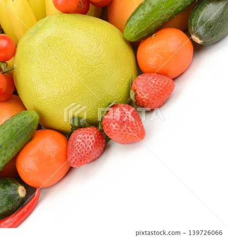 Colorful mix of fresh fruits and vegetables Isolated on White. Colorful mix of fresh fruits and vegetables Isolated on White. 139726066