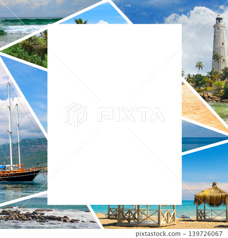 Summer travel photo mosaic featuring a lighthouse, yacht, and beach. 139726067