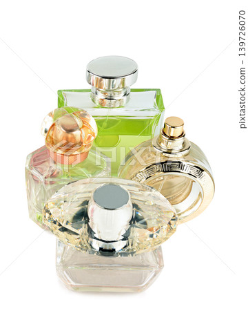 Collection of luxury glass perfume bottles isolated on white background. Collection of luxury glass perfume bottles isolated on white background. 139726070