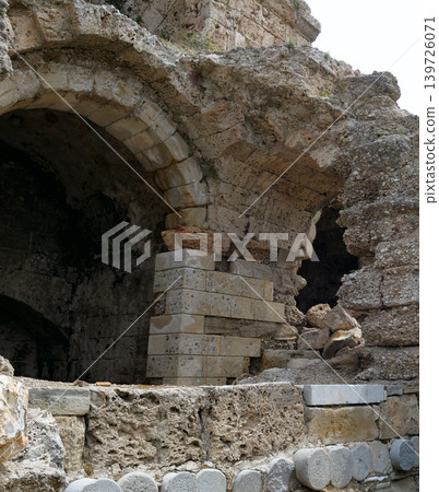 Ancient Roman bath ruins with stone arches in Turkey. 139726071