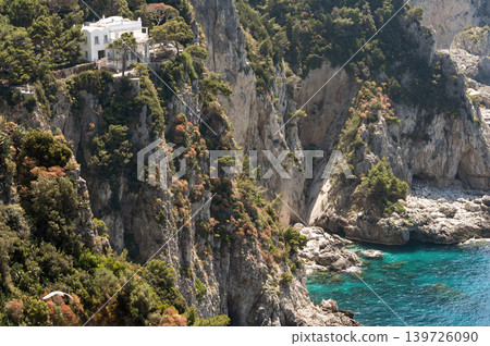 This is a view of the coastal slopes of the island Capri with luxurious villas located on them. 139726090