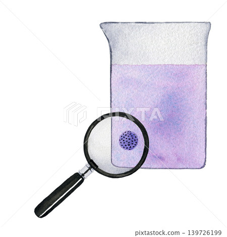 Medicine flask with liquid and viruses and magnifying glass. Watercolor illustration isolated on white background for design, medical articles Medicine flask with liquid and viruses and magnifying glass. Watercolor illustration isolated on white background for design, medical articles 139726199