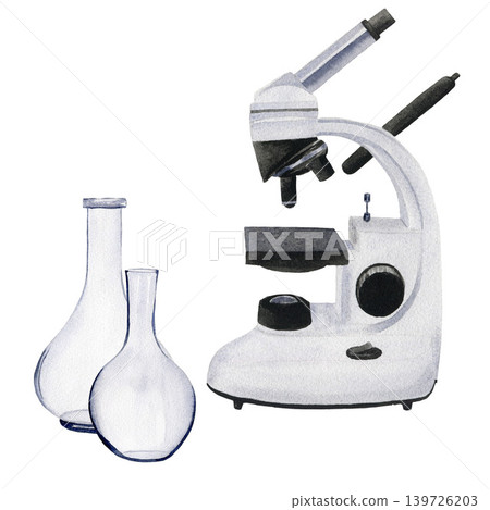 Watercolor microscope and two flasks. Hand drawn illustration isolated on white background for design, logos, cards, business, medical articles Watercolor microscope and two flasks. Hand drawn illustration isolated on white background for design, logos, cards, business, medical articles 139726203