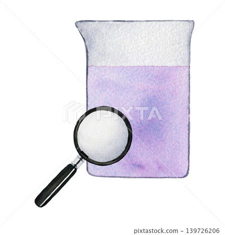 Medicine flask with liquid and magnifying glass. Watercolor illustration isolated on white background for design, medical articles Medicine flask with liquid and magnifying glass. Watercolor illustration isolated on white background for design, medical articles 139726206