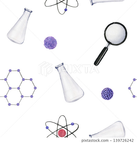 Seamless pattern with medicine flasks, viruses, crystal cell, magnifying glass, chemistry symbol. Watercolor illustration isolated on white background Seamless pattern with medicine flasks, viruses, crystal cell, magnifying glass, chemistry symbol. Watercolor illustration isolated on white background 139726242