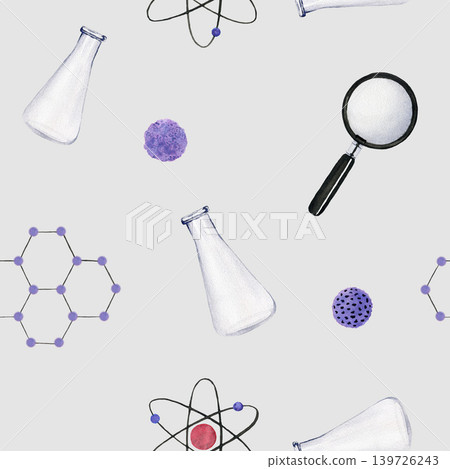 Seamless pattern with medicine flasks, viruses, crystal cell, magnifying glass, chemistry symbol. Watercolor illustration isolated on gray background Seamless pattern with medicine flasks, viruses, crystal cell, magnifying glass, chemistry symbol. Watercolor illustration isolated on gray background 139726243