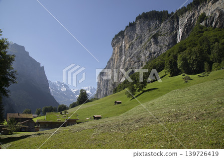 Lauterbrunnen valley landscape with waterfalls and green meadows 139726419