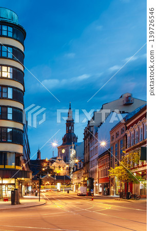 Jernbanetorget traffic trails at dusk in Oslo 139726546