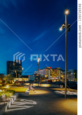 Akrobaten bridge and Barcode Project skyline at night 139726548