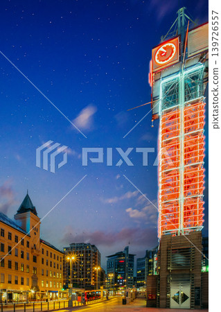 Oslo Central Station clock tower at night 139726557
