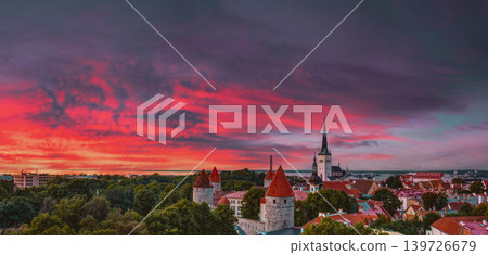 Tallinn Old Town panorama at an intense red sunset Tallinn Old Town panorama at an intense red sunset 139726679