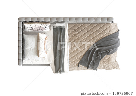 double bed isolated on a transparent background, furniture for the bedroom interior, 3D illustration, cg render 139726967