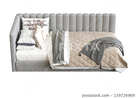 double bed isolated on a transparent background, furniture for the bedroom interior, 3D illustration, cg render 139726969