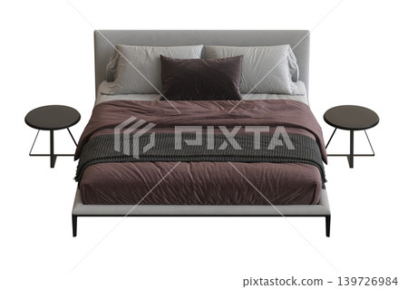 double bed isolated on a transparent background, furniture for the bedroom interior, 3D illustration, cg render 139726984