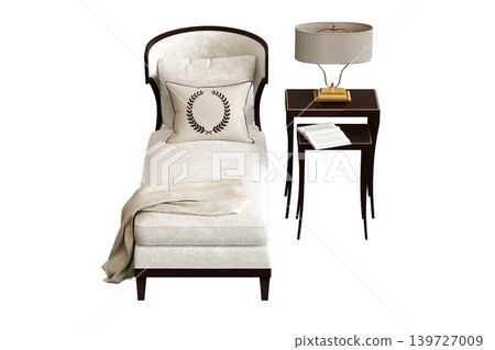 double bed isolated on a transparent background, furniture for the bedroom interior, 3D illustration, cg render 139727009